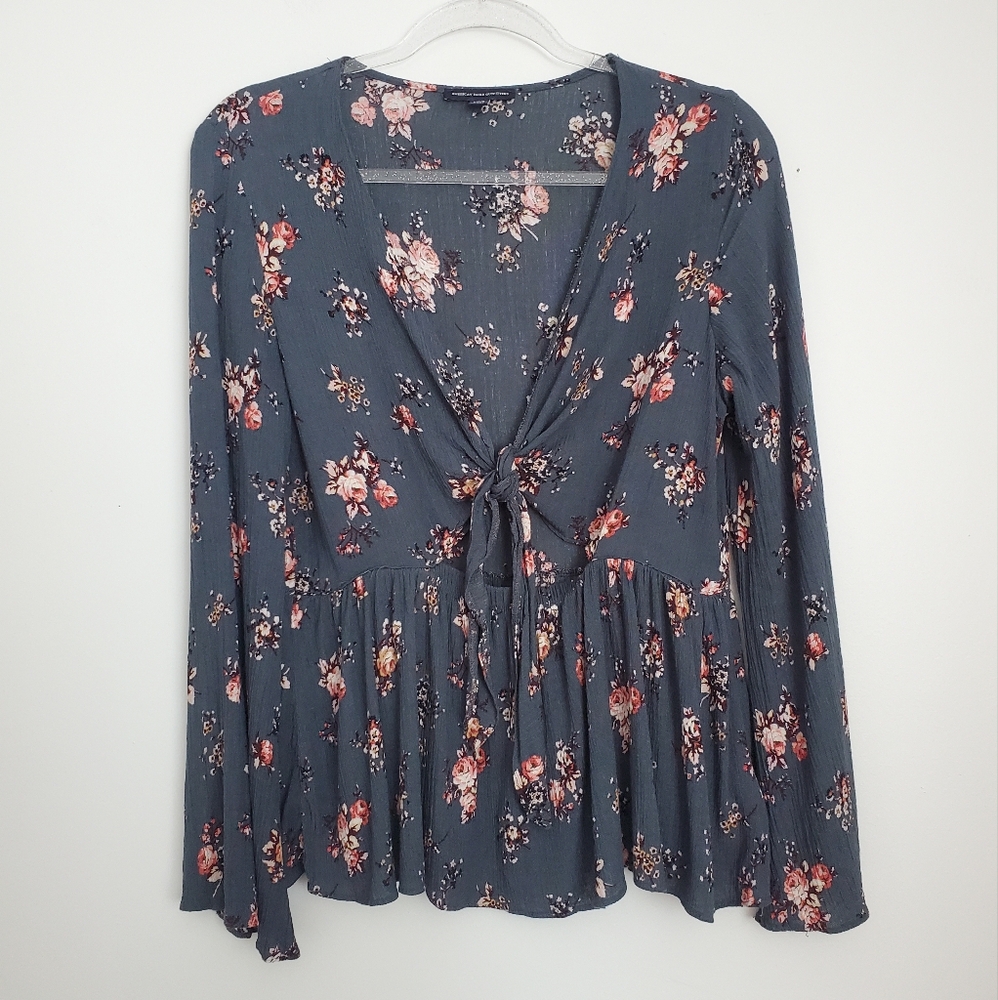 American Eagle Floral Bell Sleeve Top Size Large